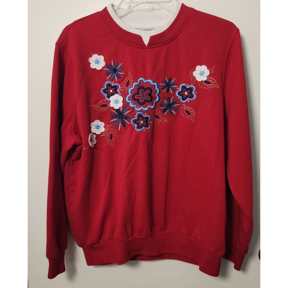 Vintage Red Blue Embroidered Floral Sweatshirt Large Coastal Grandmacore Garden‎